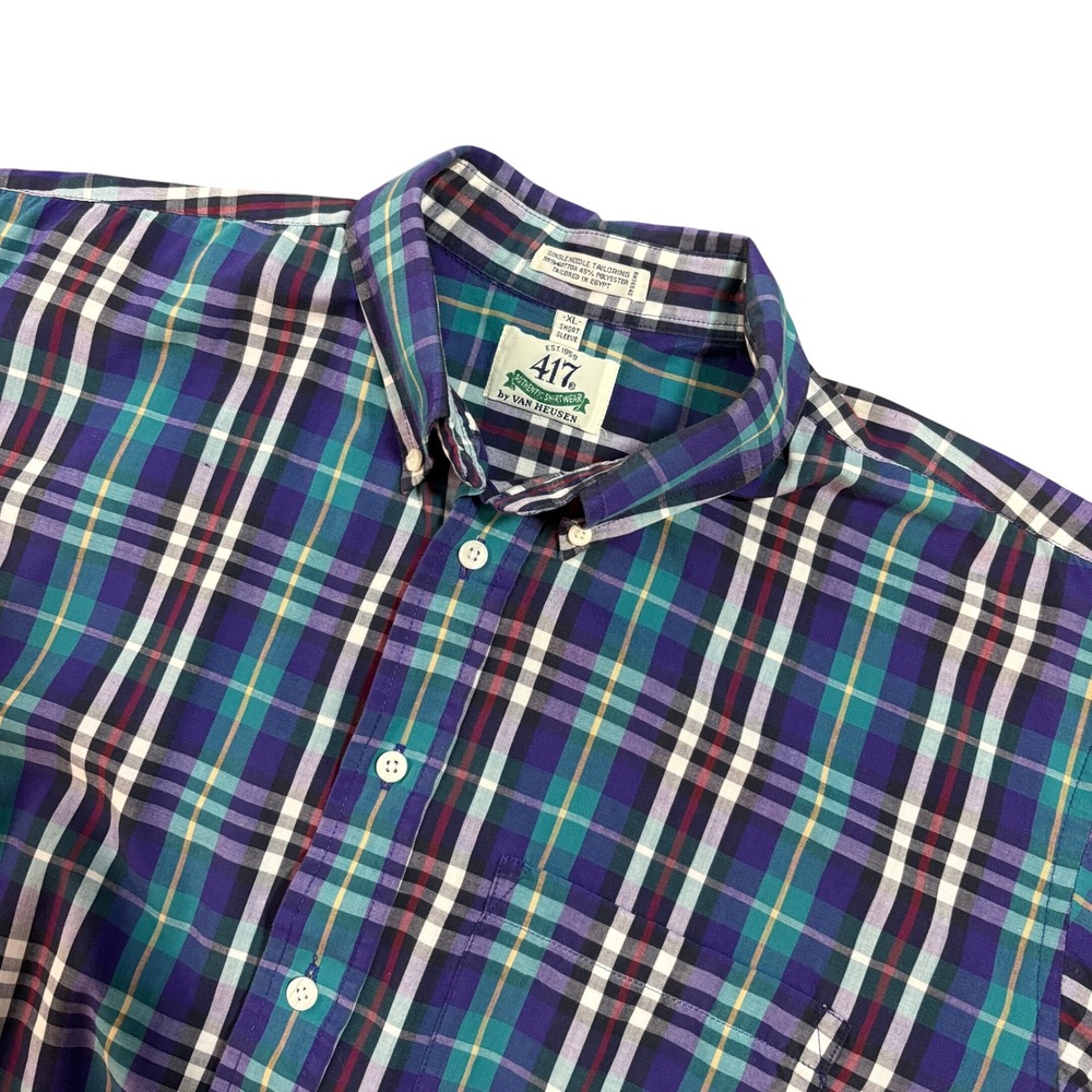 417 Van Heusen Mens XL Plaid Button Down Shirt Short Sleeve Purple Teal Blue‎